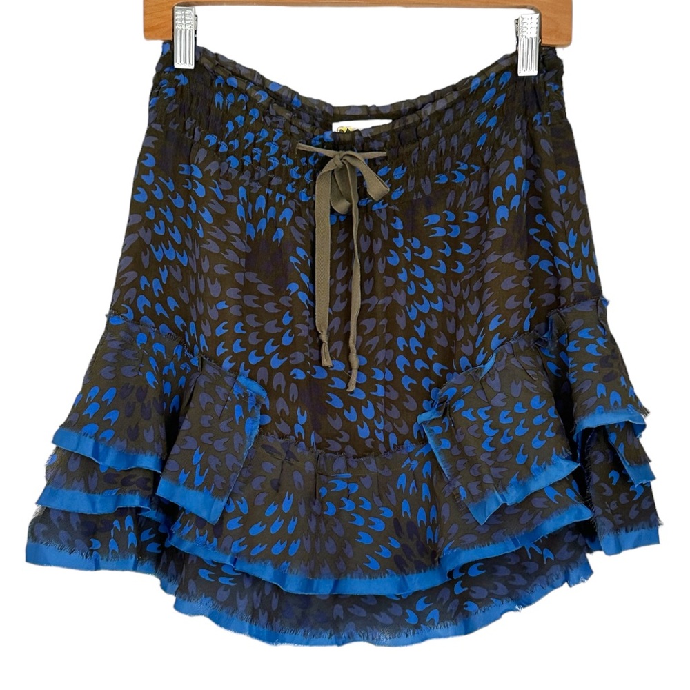 Free People Tiered Ruffle Blue, Black, Gray Print Silk Mini Skirt, size Small